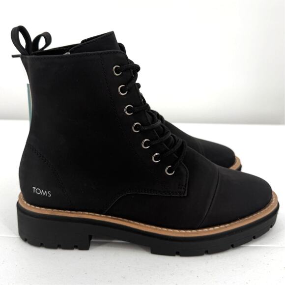 NWT Toms Alaya Lug Style Zippered Laced Combat Boots, Black, Size 7 - Picture 1 of 9